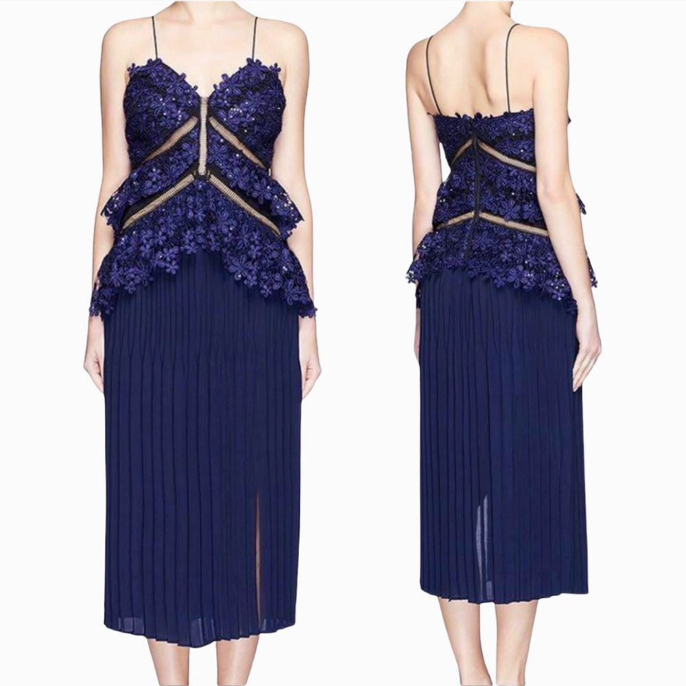 Self-Portrait Lace Double Peplum Tiered Pleated Navy Blue Midi Dress Size 2